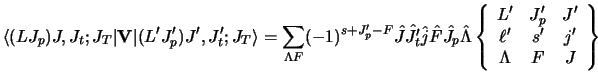 $\displaystyle \langle (LJ_p)J,J_t ;J_T \vert {\bf V}\vert(L' J'_ p)J' ,J'_ t ;J...
...\begin{array}{ccc}L'&J'_p&J'\\  \ell'&s'&j'\\  \Lambda&F&J\end{array} \right \}$