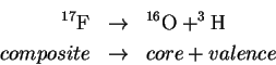 \begin{eqnarray*}
^{17}\textrm{F} & \rightarrow & ^{16}\textrm{O}+^{3}\textrm{H}\\
composite & \rightarrow & core+valence\end{eqnarray*}