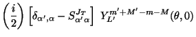 $\displaystyle \left ( {i \over 2} \right )
\left [ \delta_{\alpha',\alpha} - S^{J_T}_{\alpha'\alpha} \right ]
~ Y_{L'}^{m' +M' -m-M}(\theta,0)$